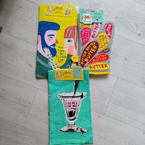 NWT Blue Q BUNDLE Oven Mitt Butter TWO Dish Towels Go All The Way Turn Clean Up